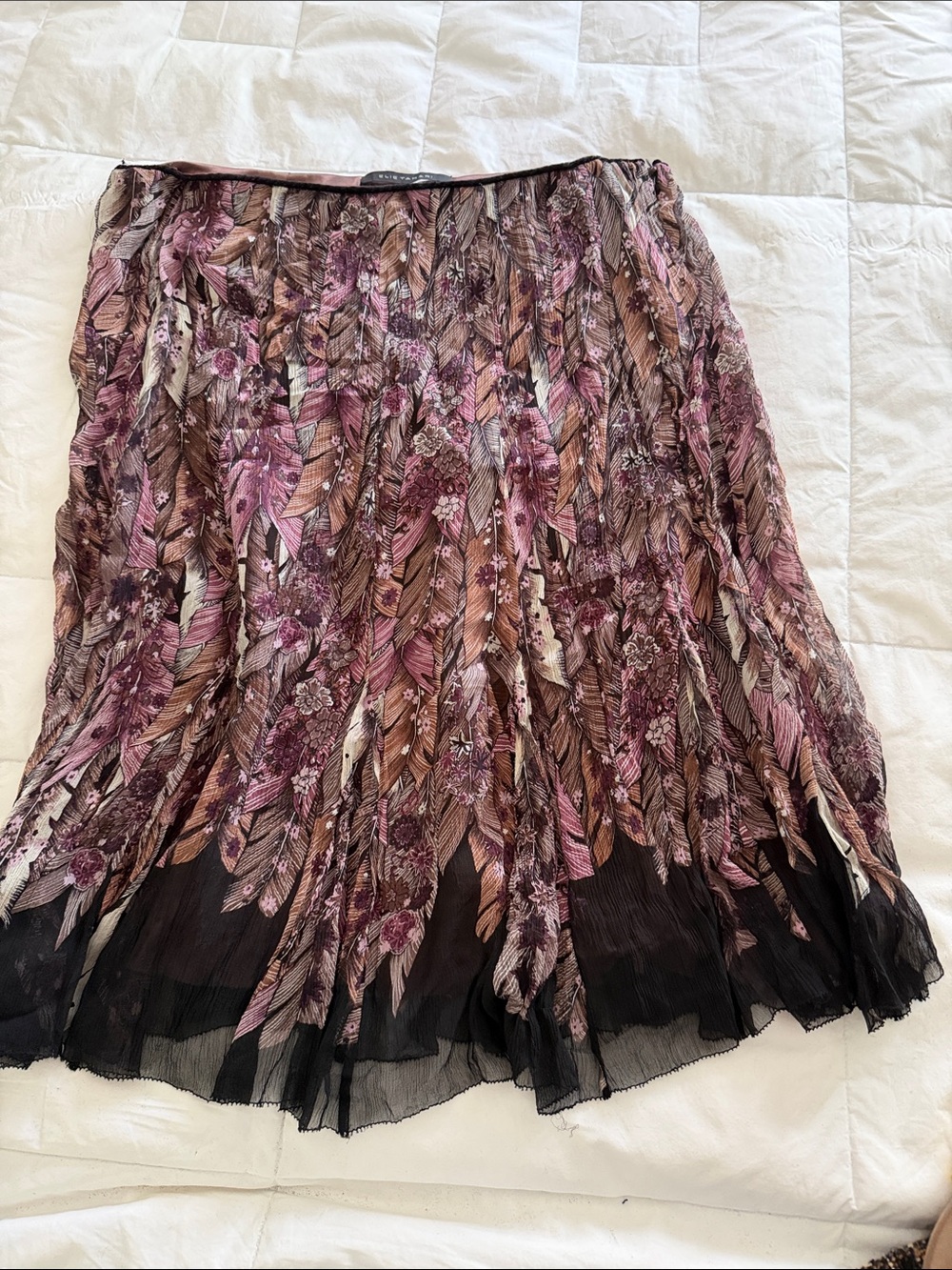 Elie Tahari Pink and Brown Pleated Feather-Print Midi Skirt